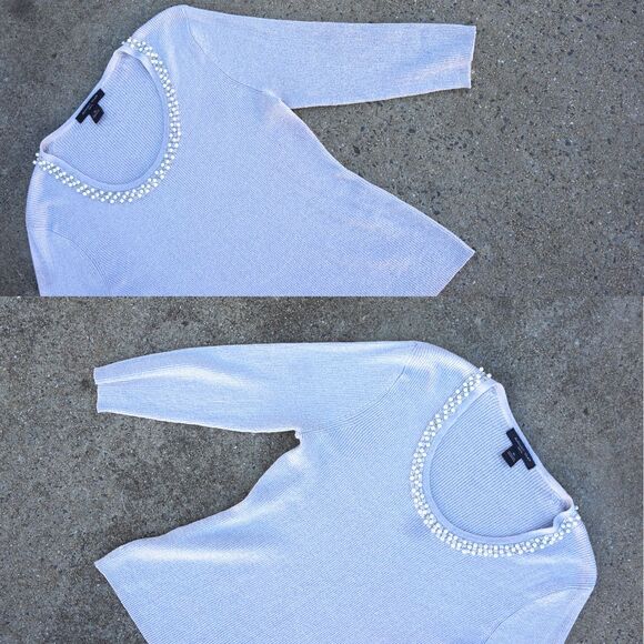 August Silk Pearl Beaded Metallic Ribbed Sweater Holiday Party XL Quiet Luxury - Picture 4 of 8